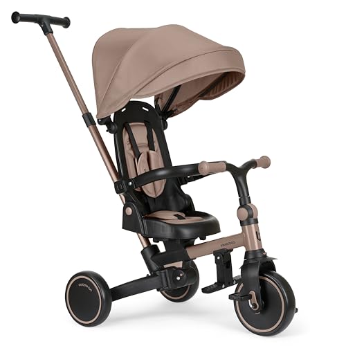 KikkaBoo Dreirad ab 1 Jahr mit Schubstange 8-in-1 ALUMA, Faltbares Kinderfahrzeug mit Drehbarem Sitz, 5-Punkt-Gurt, Aluminiumrahmen, Beige