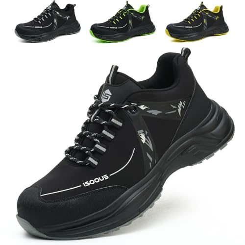 ISOOUS Arbeitsschuhe Herren Damen Sicherheitsschuhe Leicht rutschfest Stahlkappenschuhe Atmungsaktiv Bequem Schutzschuhe Schwarz EU 43