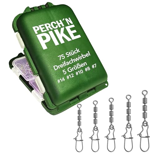 PERCH`N PIKE 75 Dreifachwirbel im Set inkl. Box Duo-Lock Snap, 3-17 kg, Angelwirbel Set zum Spinnfischen, 5 Größen Sbirolino Wirbel für Forellen, Angelzubehör für Forellenangeln