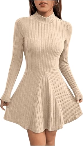 TrendiMax Damen Kleid Herbst Winter Freizeitkleid Langarm Minikleid Skaterkleid A Line Pullover Kleid Kurz Partykleid Winterkleid (XL, Aprikose)