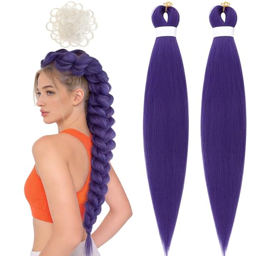 Lila Haare zum Einflechten Kunsthaar Extensions- 2 Stück 60cm Pre-Stretched Braids in Purple Inkl. 200 Einweg-Haargummis, 24 Zoll Lange Perücke Haarverlängerung für Karneval Anime Cosplay Party