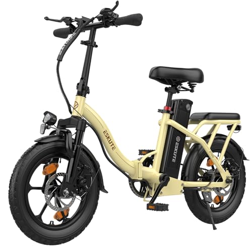 ESKUTE D100 E-Bike Klapprad 16 x 2,5 Zoll, Elektrofahrrad für Herren Damen, Fatbike mit Abnehmbarem 36V 13Ah Akku, Lange Reichweite bis 100 km, Faltbares Pedelec für Erwachsene, Hellgelb