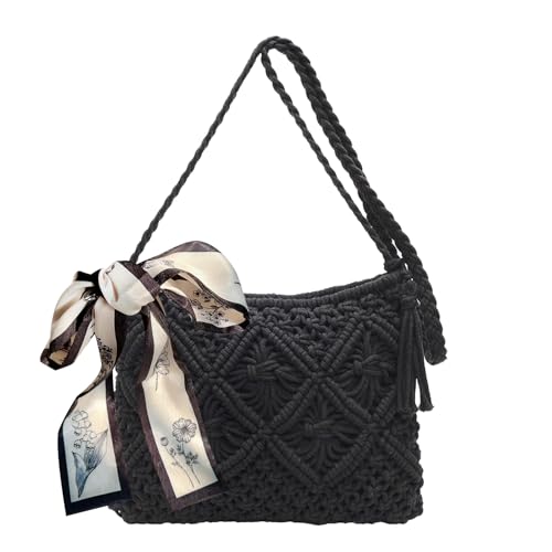 HTTDSLF Sommer Strandtasche Damen Umhängetasche Häkeltaschen, Strohtasche für Frauen, Strohtasche Damen Stroh Umhängetasche Vintage Strandtasche mit Quaste, für Damen Mädchen