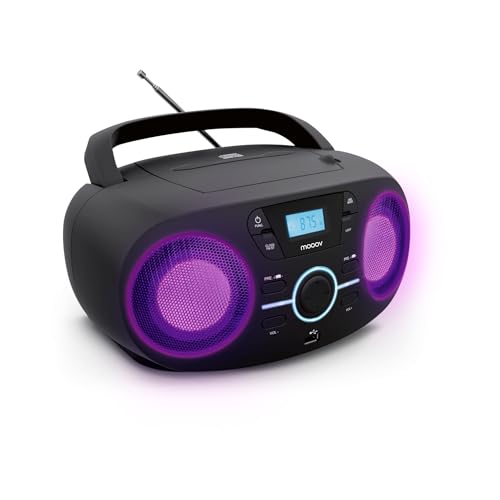Mooov 477415 Tragbarer CD-Player, CD-Audio-Lesegerät CD-R/CD-RW/CD-MP3, FM-Radio, USB-Anschluss, LED-Lichteffekte, ergonomischer Griff, Stromversorgung oder batteriebetrieben, Schwarz