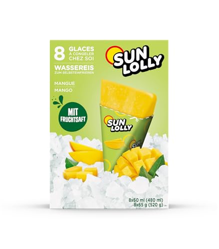 Sun Lolly Wassereis Mango 8 Stk | Mit Fruchtsaft | Zum Selbsteinfrieren | Ohne künstliche Aromen | Frei von Süßungsmittel | Laktosefrei | Glutenfrei | 8 x 60ml