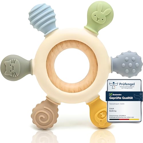 CAJA Beißring Baby BPA freie Zahnungshilfe und Beißspielzeug aus Silikon und Holz Greifring mit Tiermotiv Geschenkidee zur Geburt Sicheres Babyspielzeug für Jungen und Mädchen