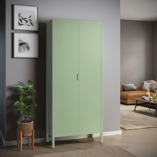 skølm Ituri Metallschrank Mintgrün – Kleiderschrank mit 6 Fächern & 2 Kleiderstangen – Garderobenschrank Flur 80 cm breit – Schlafzimmerschrank Industrial Style – Stahlschrank für Wohnzimmer & Büro