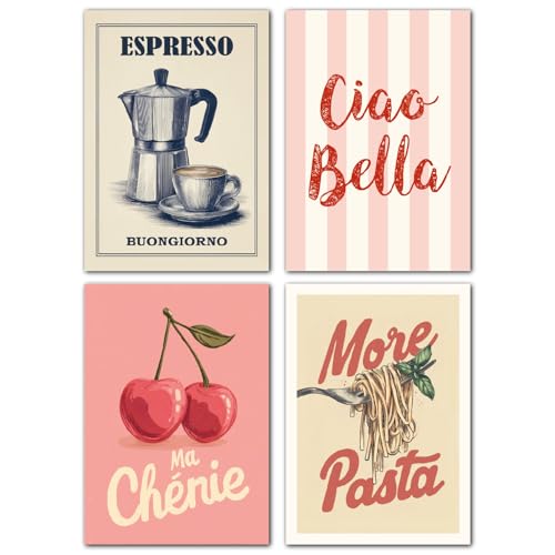 LAVEMA Vintage Küchenbilder Wanddeko Esszimmer Poster Set A4 (21x30cm) Bilder Küche Italienisch Modern Bilderwand stilvolle Küchendeko Kitchen Wandbilder Kaffee Aesthetic Wandposter ohne Bilderrahmen