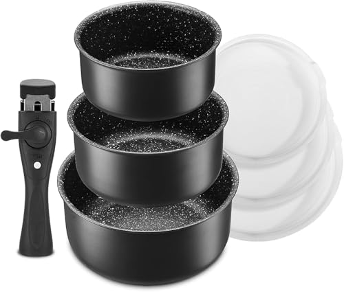 Fadware Töpfe Set mit abnehmbarem Griff, Kochtöpfe 16+18+20 cm und 3 Verschlussdeckel zur Aufbewahrung, Induktions Topfset Kochtopf Set für alle Herdarten, Antihaftbeschichtet, backofenfest