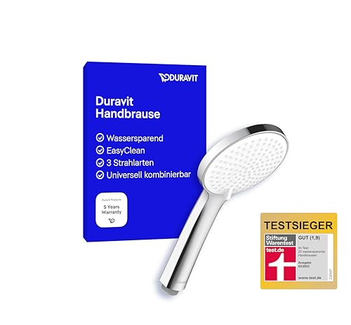 Duravit Universal Duschkopf, Duschbrause mit 3 Strahlarten (Rain, Intense Rain, Soft Rain), Handbrause rund (Ø 110 mm), mit wassersparender MinusFlow-Funktion, reinigungsfreundlich, Chrom/Weiß