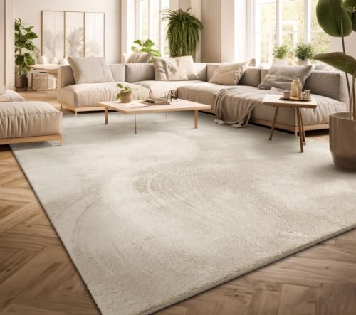 TT Home Wohnzimmer Teppich Kurzflor Anti-Rutsch Rückseite Unifarben Modern Waschbar, Farbe: Creme, Größe:160x220 cm