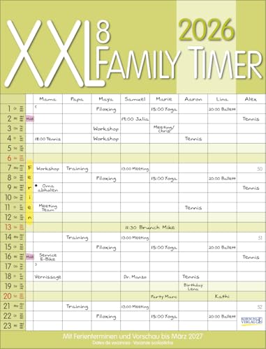 XXL 8 Family Timer - Familienplaner 2026 für 8 Personen - Korsch-Verlag - Kalender mit 8 Spalten zum Eintragen - 35 cm x 46 cm