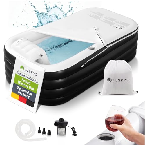Juskys Aufblasbare Badewanne L - Outdoor Wanne für Erwachsene, faltbare, mobile Eistonne mit Rückenlehne für den Balkon, Eisbad mit Abdeckung & Pumpe
