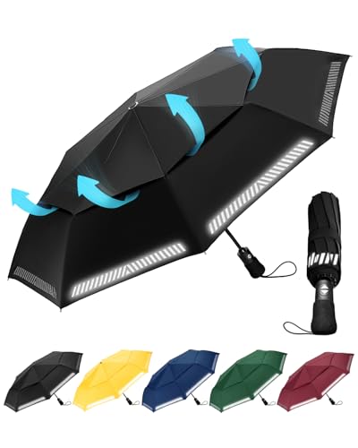 Chakipee Regenschirm Sturmfest Taschenschirm mit Reflexstreifen Schwarz Umbrella Kompakter Reise Winddichter Automatik Auf und Zu Doppelt Belüftetes Vordach 8 Rippen für Herren Damen Kinder