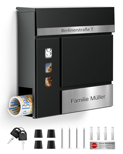Briefkasten Anthrazit mit Gravur, Personalisiert Individualisierbarer Postkasten 2-in-1 Rostfreier Edelstahl Namensschild & Hausnummer inkl. Zeitungsfach & Schloss (2 Schlüssel)