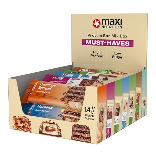MaxiNutrition Proteinriegel Mix Box (Must Haves), 14 High Protein Riegel, 29% Eiweißgehalt im Durchschnitt, ohne Zuckerszusatz, ohne künstliche Aromen