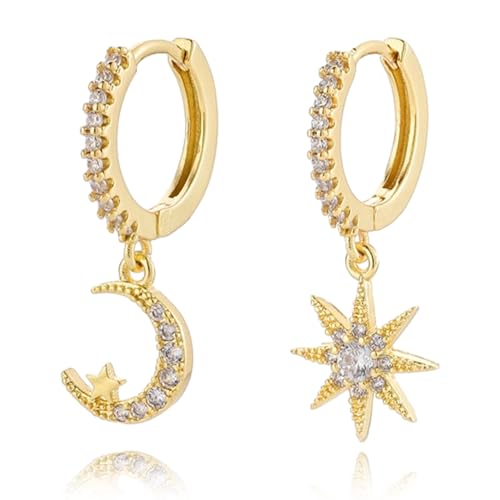 925 Sterling Silber Creolen Ohrringe mit Anhänger, Asymmetrische Stern Mond Funkelnde CZ Tropfen Ohrringe für Damen, Hypoallergen 14K Vergoldet Kleine Schlafen Knorpel Ohrringe Schmuck Geschenk