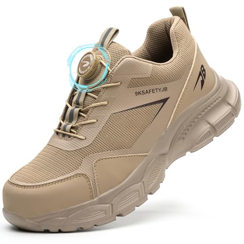 GUDECIUS Arbeitsschuhe Herren Damen Sicherheitsschuhe Leicht Stahlkappenschuhe Arbeitsschutzschuhe mit Stahlkappe Arbeit Versicherung Schuhe Unisex Atmungsaktiv rutschfest Khaki 44 EU