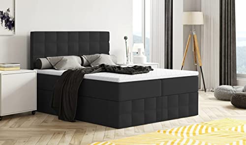 Moderne Boxspringbett MERA Premium Bett mit Bettkasten Ziernähten Bonell Matratze H3 Federkern Topper Polsterbett Doppelbett Schlafzimmer (180 x 200, Schwarz - Aura 18)