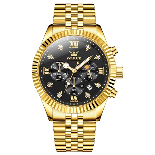 OLEVS Goldene Uhr Herren Luxus Gold Edelstahl Analog Quarz Diamant Armbanduhr Herren Klassisches Schwarz Großes Gesicht Chronograph Herrenuhr Römische Ziffern Wasserdicht Leuchtend mit Datum Uhren