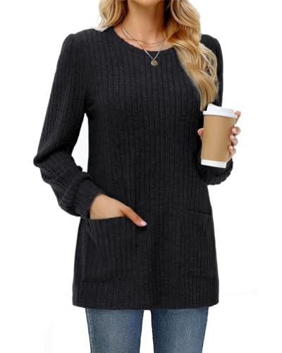 Tanmolo Damen Leichte Pullover Casual Rundhals Langarm Shirts mit Taschen Strickpullover Herbst Tunika Winter Oberteile Schwarz, XXL