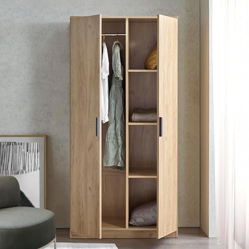[en.casa] Kleiderschrank Eiselfing Schrank mit 2 Türen Garderobenschrank 176 x 80 x 52 cm Schlafzimmerschrank 1 Kleiderstange 4 Fächer Eicheoptik