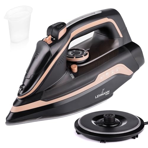 LEHMANN Dampfbügeleisen kabellos mit Ladestation, kabelloses Bügeleisen Dampf mit Temperaturregelung & 5 Bügelprogramme, Keramiksohle, Vertikaldampf, Abschaltautomatik, Schwarz/Roségold