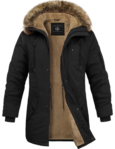 Lonya Winterjacke Herren Fleece Winterparka Warm Gefüttert Wintermantel Mit Kapuze Winddicht Lang Mantel Outdoor Parka Jacke für Männer, Schwarz, XL