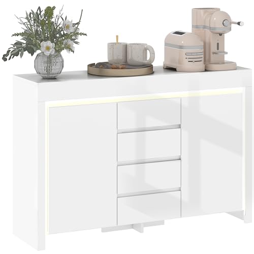HOMCOM Sideboard Wohnzimmer, Aufbewahrungsmöbel mit LED-Beleuchtung 4 Schubladen Soft-Close-Türen und verstellbare Regale, moderner Stil, Sideboard Esszimmer und Küche, 120 x 34 x 80 cm, weiß