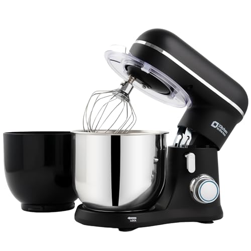 Kitchen in the box küchenmaschine, Zwei 3,5L Schüsseln, kleiner Knetmaschine, 10-Geschwindigkeits tragbarer, leichter Teigmaschine, mattes Rührmaschine mit Knethaken,Rührbesen und Schneebesen(Schwarz)