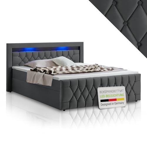 Juskys Boxspringbett Leona 140x200 cm - Bett mit LED Beleuchtung, Topper & H4 Federkern Matratzen - Einzelbett Grau mit Samt und Steppung