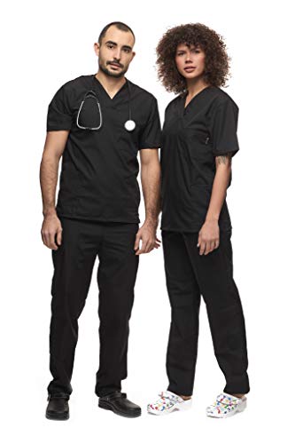 Mazalat, Unisex medizinische uniform Set mit Kasack und Hose, Medical Schrubb-Set, Pflege Berufsbekleidung, Schwarz, XL