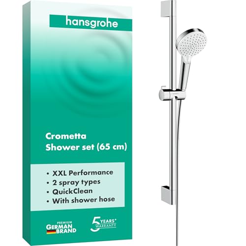 hansgrohe Crometta - Duschset mit Duschkopf (2 Strahlarten), Duschschlauch (1,60 m) und Duschstange (0,65 m), Weiß/Chrom, 26532400