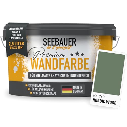 SEEBAUER diy Wandfarbe Grün 2,5L für Innen (No. 760 Nordic Wood) Edelmatte dunkelgrüne Innenfarbe - Grüntöne sehr hohe Deckkraft - Matt, Abwaschbar und Tropffrei