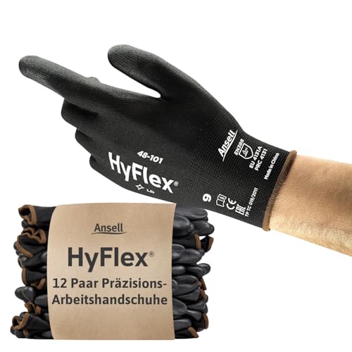Ansell HyFlex 48-101 Dünne Arbeitshandschuhe mit PU Beschichtung, Leichte Schutzhandschuhe für Präzises Arbeiten, Heimwerk, Montage, Handschuhe Herren Damen, Schwarz, Größe XL (12 Paar)