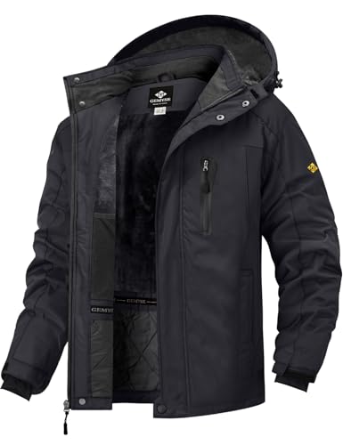 GEMYSE Herren Skijacke Winddicht Wasserdicht Warmes Fleecefutter Winterjacke mit Kapuze für Outdoor(Pures Schwarz,M)