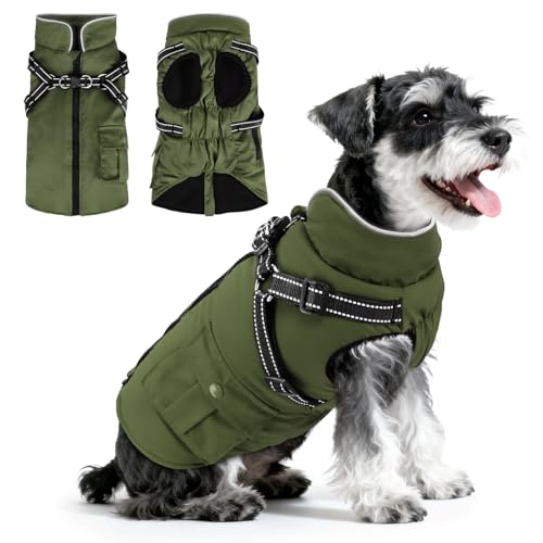 Woiil Hundemantel Hundejacke Wintermantel für Grosse Hunde, Hundemantel Winter mit Geschirr, Hunde Wintermantel Ärmellose Baumwolle Gepolsterte Weste Wasserdicht Warme Reflektierend, Armeegrün L