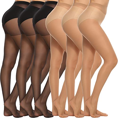 MANZI 6 Paar Feinstrumpfhose Damen Transparent Strumfphosen 20 Denier Ohne Muster,Schwarz 3 Paare, Natürliche Nackte 3 Paare,L