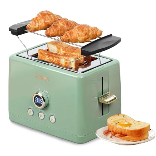 Toaster 2 Scheiben, ZACHVO Toaster mit Brötchenaufsatz, 6 Bräunungsstufe, 850W Herausnehmbare Krümelschublade, LED-Bildschirm, High Lift, Aufwärmen, Auftauen, Abbrechen Funktion