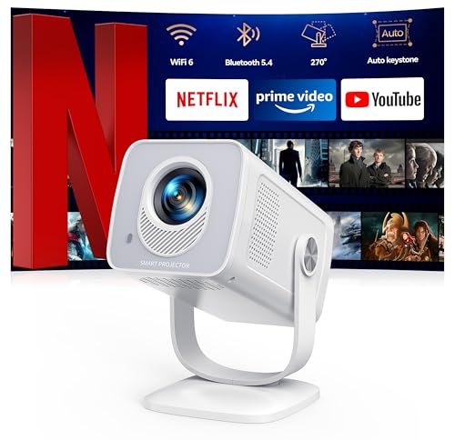 Mini Beamer 4K 1080P Unterstützt [Android 13 & 270° Drehbar] Smart Beamer Klein mit WiFi 6 Bluetooth 5.4, Tragbarer Projektor Heimkino Outdoor mit Auto Trapezkorrektur für HDMI/Android/iOS/PC/USB