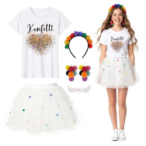 Konfetti Kostüm Damen, Konfetti im Herzen Fasching Karneval Konfetti Kostüm Outfit T-Shirt, Weiß Damen Tüllrock, Haarreif Mit Pompoms Bunt, Ohrringe, Aufkleber, Konfetti Tüllrock Karneval Kostüm Set