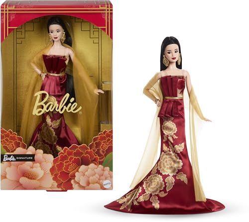 Barbie Signature Lunar New Year Modepuppe in rotem Kleid mit goldenem Pfingstrosenmuster, Spielzeug zum Sammeln, JJX83