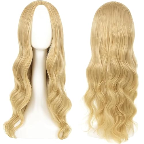 3 Stück Set Lange Gewellt Blond Perücke für Frauen Mädchen, 28’’ Lange Lockige Volle Haar Gewellt Hitzebeständig Perücke Cosplay Kostüm Charmante Perücke für Tägliche Karneval Fasching (2 Haarnetze)