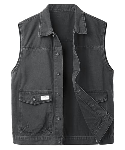 Yukirtiq Herren Kutte Ärmellose Jeans Weste Vintage Biker Weste Fashion Denim Weste Motorradweste Jacke Casual Jeansweste für Männer, Schwarz, XL