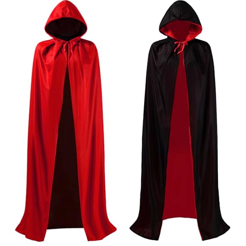 AUXHCYL Halloween Kostüm Vampir Kostüm Umhang mit Kapuze für Damen, Herren, Gruselig Erwachsene Vampire Costume für Karneval, Fasching, Vampirumhang Beidseitig Rot & Schwarz