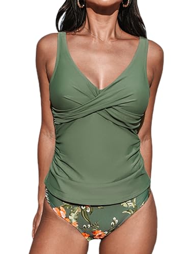 CUPSHE Damen Tankini Set V Ausschnitt Wickeloptik Crossover Tankini Mid Waist Bauchweg Raffung Bademode Zweiteiliger Badeanzug Swimsuit Olivgrün/Blumenmuster M