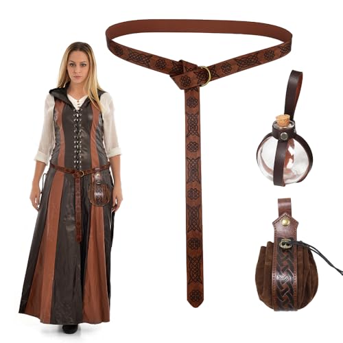HIULLEN Halloween Nekromanten Anzug, Mittelalter Kleidung Damen Herren, 250 ml Zaubertrank Flasche Mittelalter Gürtel Gürteltasche Accessoires Set für Cosplay Wikinger Piraten Hexe Kostüm