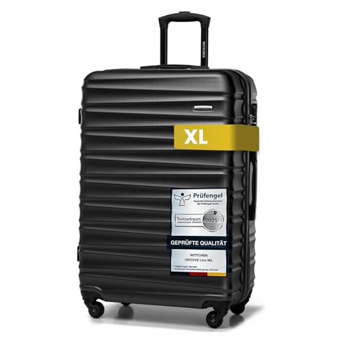 WITTCHEN Reisekoffer Groß Rollkoffer Trolley Großer Koffer Check-In Gepäck Hartschale aus ABS 4 Spinner-Rollen Zahlenschloss Groove Line Größe L schwarz Lufthansa/Eurowings/Ryanair