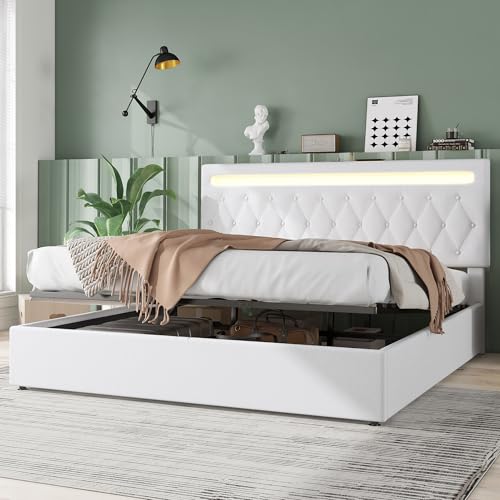 KEYIDE Polsterbett 180x200 mit LED und USB, Boxspringbett mit hydraulisches Bettkasten, Bett mit Lattenrost, Großer Stauraum, Doppelbett Jugendbett Stauraumbett, Ohne Matratze (Weiß, 180x200cm)