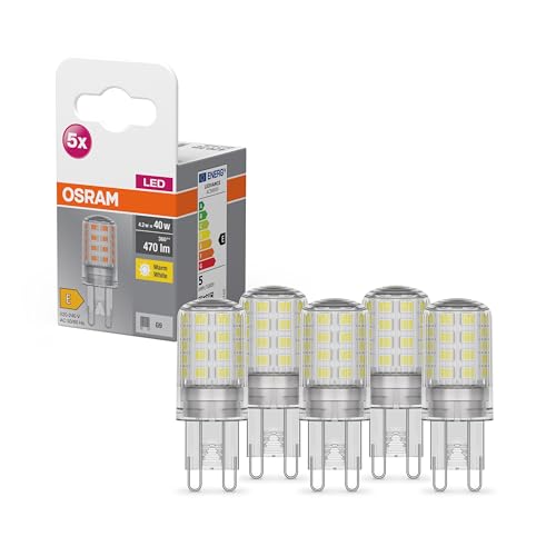 Osram Star PIN LED-Lampe für G9-Sockel, klares Glas,Warmweiß (2700K), 470 Lumen, Ersatz für herkömmliche 40W-Leuchtmittel, nicht dimmbar, 5-er Pack